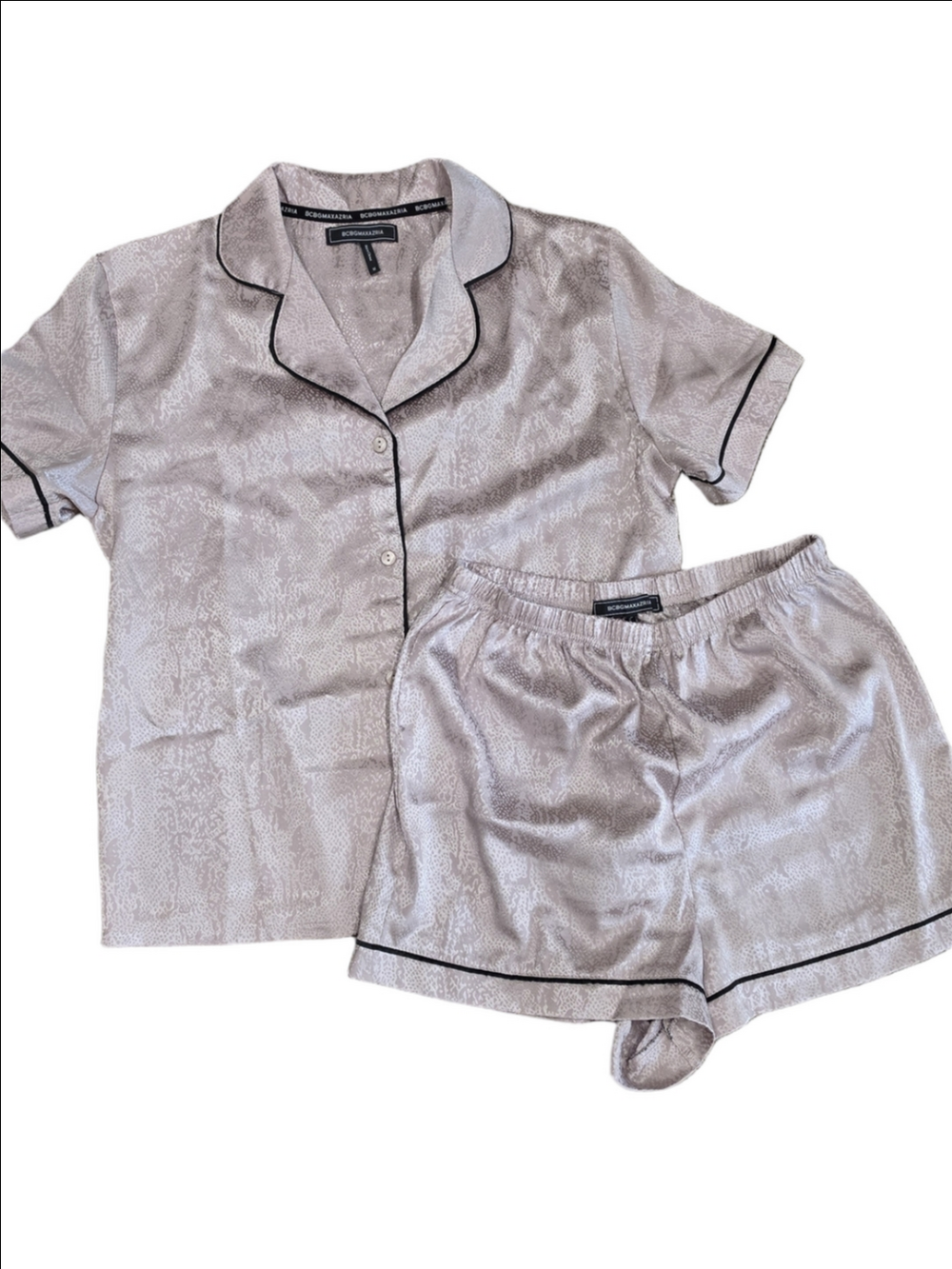 BCBGMaxAzria Pale Pink Satin Short Pajama Set with Black Piping
